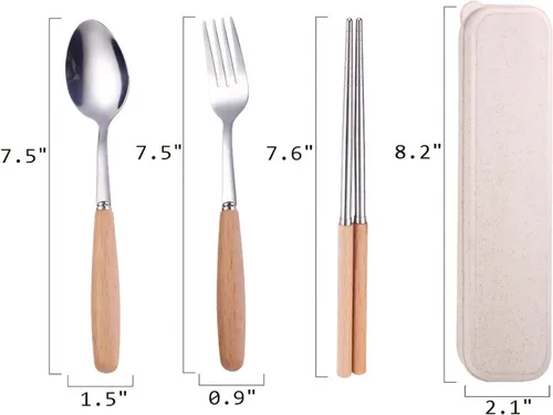 Miniatura 6 de Muka Juego de 3 cubiertos reutilizables con mango de madera con estuche y mango de madera