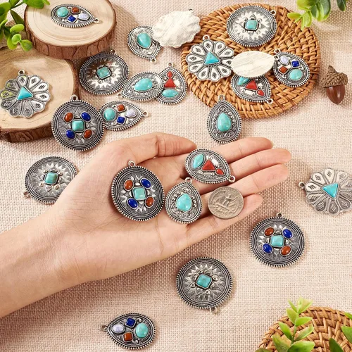 Miniatura 7 de Pandahall - 20 dijes de piedra turquesa estilo tibetano de aleación de lágrima, flor redonda, 6 estilos, dijes bohemios para hacer joyas, collares