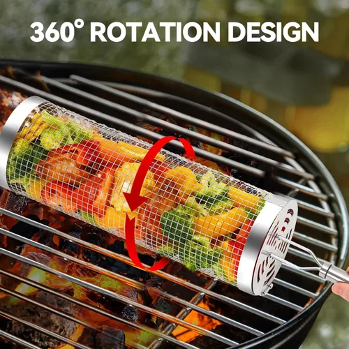 Miniatura 4 de 2 cestas enrollables para parrilla, cesta de verduras para parrilla, cestas redondas de acero inoxidable para parrilla al aire libre, cesta