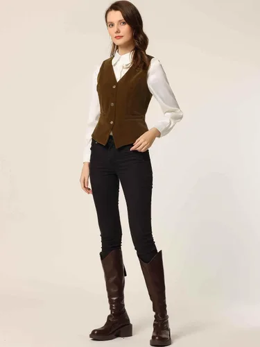 Miniatura 3 de Allegra K Chaleco de terciopelo steampunk para mujer, sin mangas, con botones, cuello en V, chalecos de traje