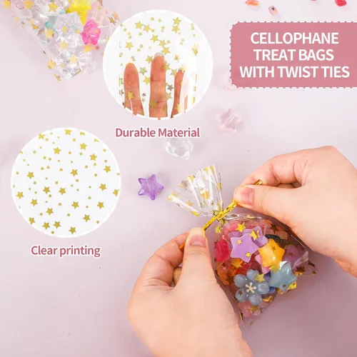 Miniatura 3 de 100 bolsas de celofán, bolsas de celofán transparente impresas con estrellas doradas de 3 x 5 pulgadas, 100 lazos giratorios, para envolver regalos