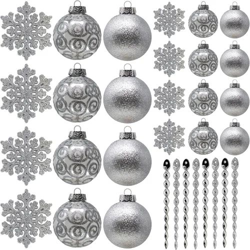 Miniatura 12 de Adornos de Navidad Plateados – 32 Piezas de Decoraciones Plásticas Irrompibles para Árbol Navideño, 16 Bolas de Nieve con Purpurina (3.15"/2.36"), 8