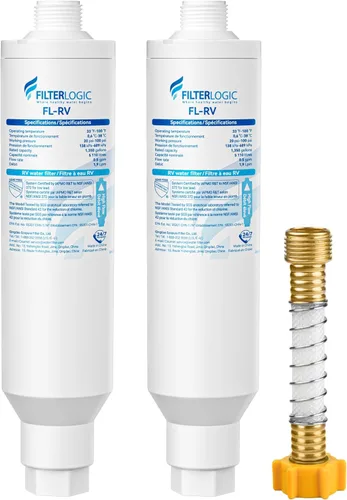 Filterlogic Filtro de agua en línea para caravana, certificado NSF, reduce el cloro, el mal sabor y el olor, dedicado para caravanas, paquete de 2