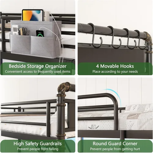 Miniatura 3 de Cama tipo loft de tamaño individual con luces LED y estación de carga, marco de cama industrial de metal resistente con escalera y barandilla