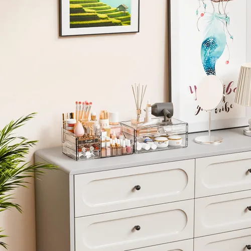 Miniatura 7 de Yieach Paquete de 2 organizadores de maquillaje transparentes para tocador, tocador y baño, organizadores de acrílico apilables con 5 cajones