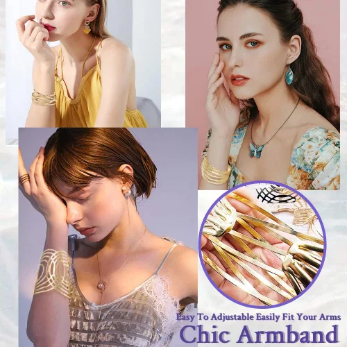 Miniatura 6 de SAMOCO 7 piezas de brazalete para mujer, brazalete de oro abierto, ancho ancho, brazalete ajustable, brazalete de muñeca, Sin gema