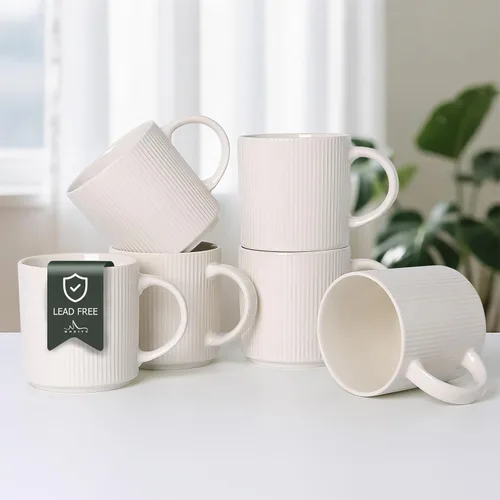 Miniatura 16 de MONITO Juego de 6 Tazas de Café de 16 Oz, Juego de Tazas de Café de Cerámica Rústica con Mango Grande, Vintage, Tazas de Café de Gres Rayadas