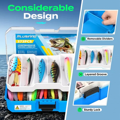Miniatura 5 de PLUSINNO Caja de aparejos de pesca con aparejos incluidos, kit de señuelos de pesca de 373 piezas con bandeja extraíble, equipo de pesca