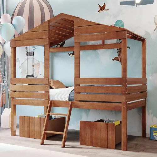 Miniatura 11 de Quarte Fun House - Cama con techo y dos ventanas laterales, cama baja de madera tamaño individual con escaleras pequeñas y barandilla, para niños
