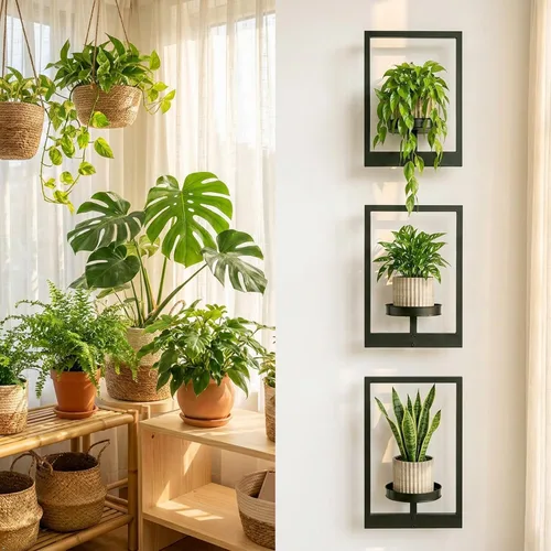 Miniatura 4 de Juego de 3 macetas de pared con marco de fotos, estantes colgantes de metal modernos para plantas, soporte de pared inoxidable para interiores