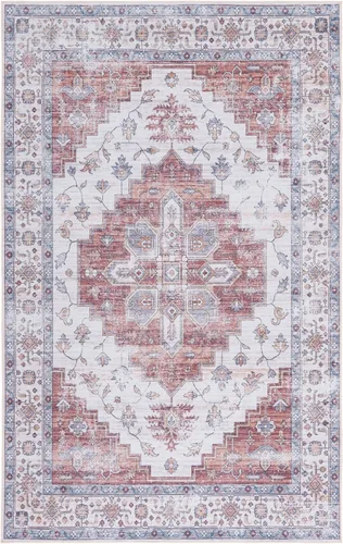 Miniatura 7 de SAFAVIEH Alfombra lavable Tucson Collection - 2 pies 6 pulgadas x 4 pies, beige y azul, antideslizante, ideal para zonas de alto tráfico en entrada