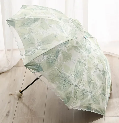 Miniatura 2 de URAWESO Parasol bordado encaje protección UV hoja impresa paraguas plegable para playa, viajes, boda, fiesta, decoración sesión de fotos