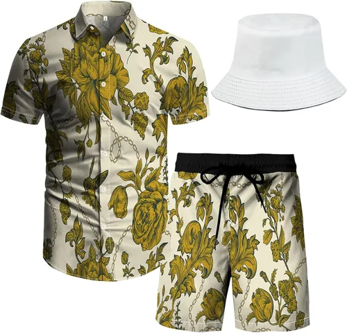 Miniatura 27 de RPOVIG Conjunto de playa a juego con camisas y pantalones cortos para hombre, ropa floral hawaiana para festival, conjuntos de 2 piezas con sombrero
