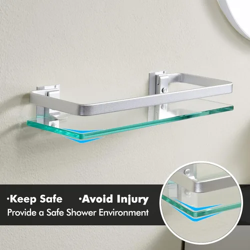 Miniatura 6 de Baño estante de vidrio Kes con riel de aluminio y extra grueso vidrio templado, estantería de ducha rectangular estilo contemporáneo soporte