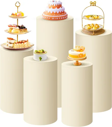 Miniatura 16 de SaitiMade Juego de 3 fundas para pedestal de cilindro beige, fundas de elastano para decoración de fiestas, bodas o eventos de cumpleaños, solo
