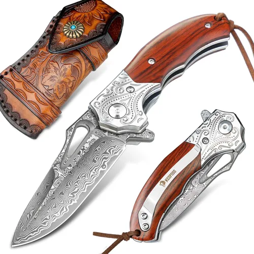 Cuchillo de bolsillo de damasco NedFoss para hombres, cuchillo plegable de damasco de acero VG10 forjado a mano de 2.75" con funda de cuero retro,