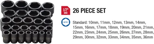 Miniatura 7 de Sunex 2645, juego de llaves de impacto de 1/2 pulgada, 26 piezas, métricas, 10 mm-36 mm, acero de aleación CR-MO, diseño de esquina radio, estuche
