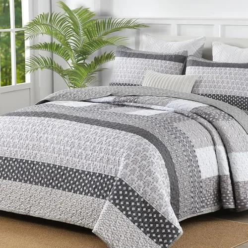 Miniatura 12 de WONGS BEDDING Juego de edredón beige tamaño individual, juego de edredón de rayas bohemias de 3 piezas, juego de colcha acolchada de microfibra