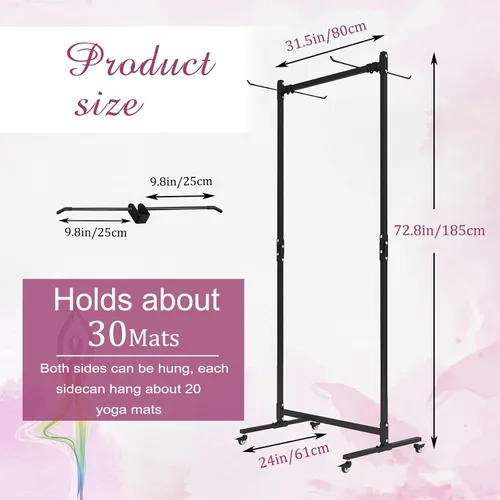 Miniatura 3 de Soporte para colchoneta de yoga colgante, carrito de almacenamiento de metal de doble cara sobre ruedas, estante para pilates de pie para gimnasio