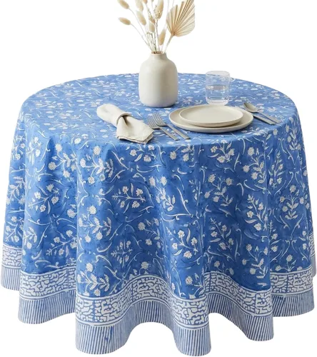 Miniatura 33 de ATOSII Mantel Redondo Bohemio Jade de Algodón 100%, Mantel de Lino con Estampado Floral de Bloques para Comedor, Fiestas, Bodas, Exteriores I