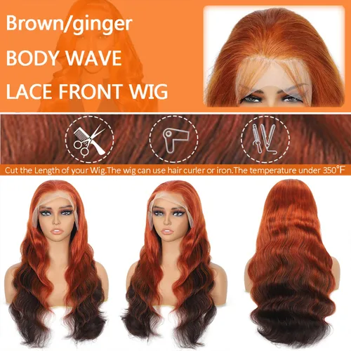 Miniatura 2 de 200% de densidad 13X6 Peluca de encaje frontal con reflejos ombre de pelo humano para mujeres, peluca de encaje frontal color naranja rojizo