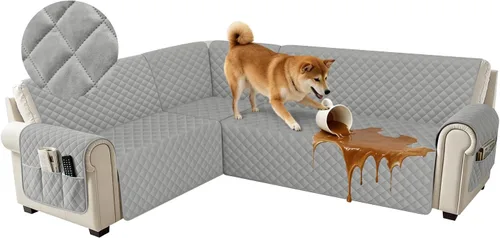 Miniatura 20 de Fundas impermeables para sofá seccional de esquina en forma de L, de terciopelo, juego de 6 piezas, funda en forma de U para sofá, para perros