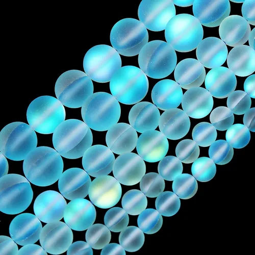 Cuentas de cristal Aurora aguamarina mate, cuentas sueltas redondas de sirena brillante con purpurina esmerilada de 0.236 pulgadas, piedra lunar