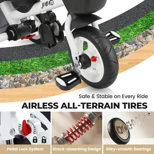 Miniatura 6 de EOOWOY Triciclo para niños pequeños con mango de empuje, Cochecito Triciclo 7 en 1 con asiento giratorio de 360°, respaldo reclinable, ruedas todo