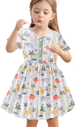 Vestidos de verano para niñas pequeñas, túnica de dinosaurio, vestido casual de manga corta, vestido de patinadora para niños pequeños, 2-7T