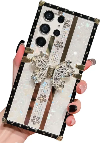 Bonita funda compatible con Samsung Galaxy S22 Ultra, soporte plegable de lujo con diseño de mariposa brillante para mujeres y niñas, funda Blanco