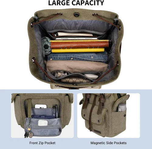 Miniatura 4 de WITZMAN Mochila de lona para hombre, mochila vintage para laptop de 15.6 pulgadas, mochila de viaje de alta capacidad casual (A8004 verde militar)