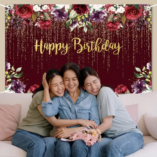 Miniatura 6 de AIBIIN Cartel de feliz cumpleaños, decoración de fiesta de cumpleaños de rosa roja para mujer, con purpurina dorada floral, suministros de fiesta