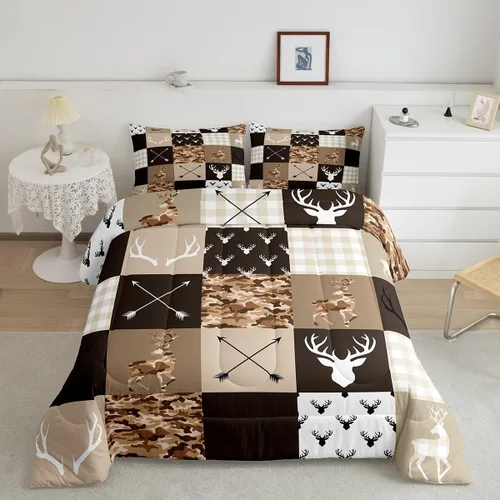 Miniatura 91 de Juego de edredón de cuernos de ciervo tamaño individual, juego de ropa de cama rústica de granja con huellas de oso y pinos para decoración