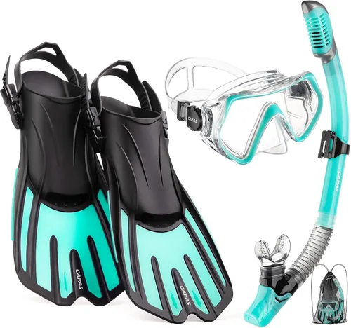 Miniatura 8 de CAPAS Snorkel Mask Fins Set, Travel Size Snorkeling Gear for Adults with Adjustable Fins, Diving Mask and Dry Top Snorkel, Come with a Carrying Bag