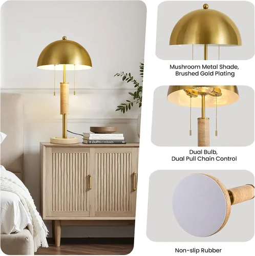Miniatura 5 de KAISITE Juego de 2 lámparas de mesa modernas de 61 cm para sala de estar, lámpara de mesita de noche de metal dorado con travertino decorativo