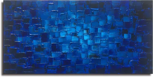 MyArton Arte de pared de lienzo texturizado, cuadrados abstractos, pintado a mano, pintura al óleo moderna de color azul oscuro, imagen para