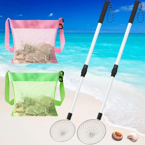 Miniatura 7 de Roshtia Paquete de 2 cucharas de tamiz de arena de playa con bolsas de concha, 18.5 a 30 pulgadas, tamiz de diente de tiburón adiustable, mango