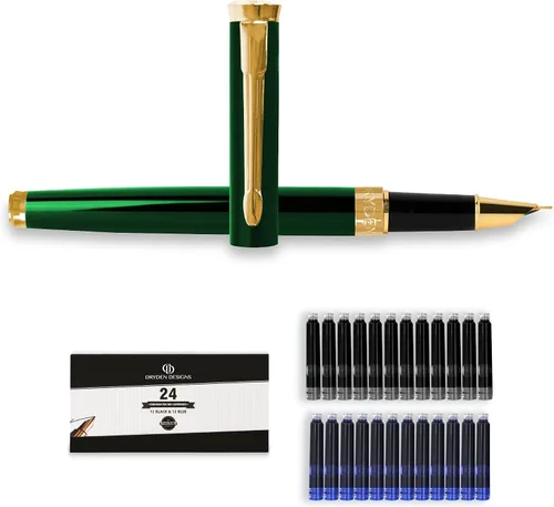 Dryden Designs Pluma estilográfica de punta fina, incluye 24 cartuchos de tinta, 12 negros y 12 azules, verde esmeralda, escritura suave y elegante