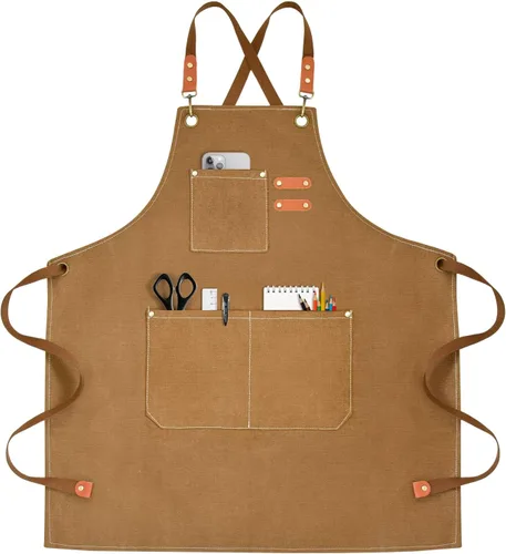 Miniatura 13 de OUNLEN Delantal de Chef para Hombres y Mujeres de Lona con 3 Bolsillos, Delantal Resistente de Trabajo con Espalda Cruzada para Cocinar