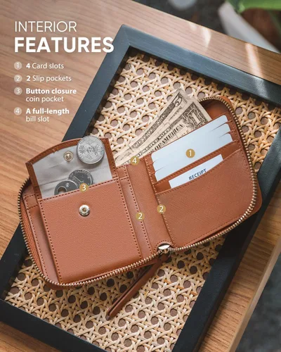 Miniatura 2 de Cartera de piel para mujer, con bloqueo RFID, plegable, delgada, para tarjetas de crédito, con bolsillo con cremallera, Marrón, Classic