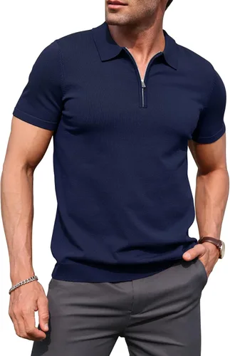 Miniatura 6 de RQP Camisas polo con cremallera para hombre, camisas casuales de punto de manga corta/larga, camisas de golf elásticas ajustadas, suéter suave