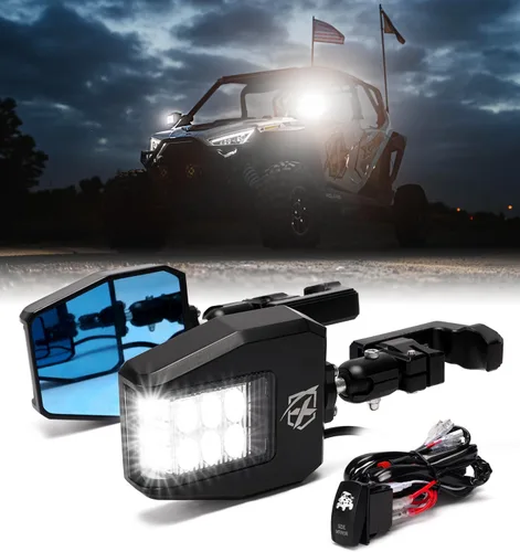 Xprite UTV Espejos Laterales de Aluminio con Focos LED Lente Transparente Compatible con Barra de Jaula Antivuelco de 1.75"-2" para Pioneer Polaris