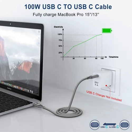 Miniatura 2 de AkoaDa - Cable USB-C a USB-C de 100 W de 10 pies Gris