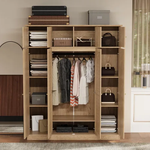 Miniatura 3 de Armario grande de 4 puertas con puertas de ratán, armario de madera independiente de 70.87 pulgadas de alto con barra para colgar y estantes