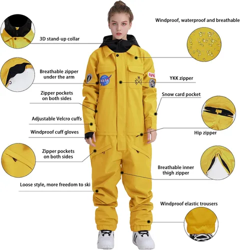 Miniatura 4 de GSOU SNOW Traje de esquí de una pieza impermeable a prueba de viento, traje de nieve aislado para deportes de nieve para hombres y mujeres
