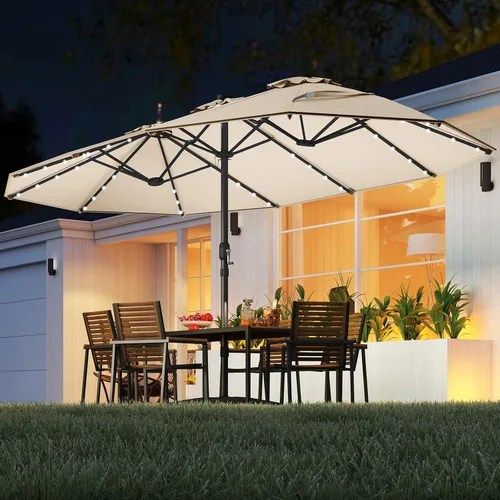Miniatura 2 de Tangkula Sombrilla solar de doble cara de 15 pies para patio, sombrilla individual extragrande para exteriores con 48 luces LED, parte superior Beige