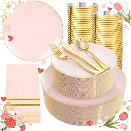Miniatura 12 de NOCCUR 700 platos de plástico dorados, juego de vajilla desechable dorada para 100 personas, incluye 200 platos de cena/postre, 300 cubiertos, 100