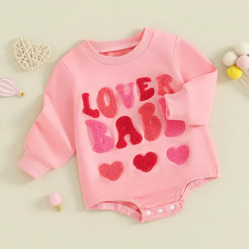 Miniatura 58 de SOLILOQUY Traje de manga larga con cuello redondo para el primer día de San Valentín para bebé niño y niña, mameluco de corazón de amor