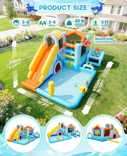 Miniatura 3 de Toboganes acuáticos inflables 24 en 1 con diseño de cueva de tiburón de unicornio, casa de rebote para patio trasero de niños con soplador, piscina