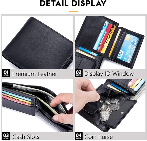 Miniatura 4 de OFAMOUS Cartera de cuero para hombre con bolsillo para monedas ventana de identificación abatible bloqueo RFID billetera delgada con bolsillo
